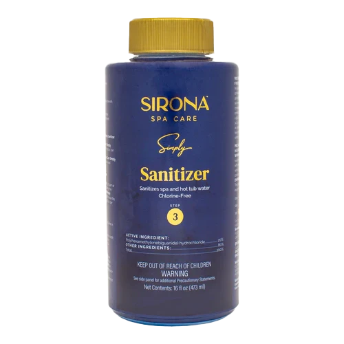 Sirona Spa Care sanitizer bottle with blue label and yellow cap on a white background