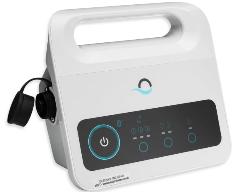 The maytronics Maytronics Dolphin Power Supply | 99956035US-F1 is a portable white unit with a handle, power button, illuminated control panel, and a covered side port.