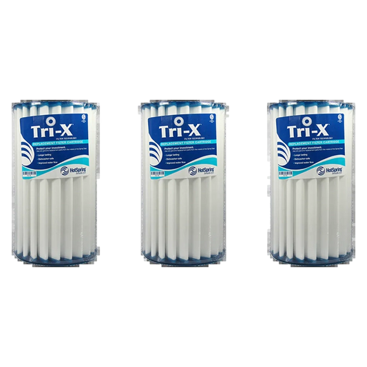 Three Hot Spring Watkins Jetsetter Tri-X Filters, each with a blue and white label, stand upright side by side, delivering advanced 3D filtration for cleaner water. Set of 3 from Hot Spring.