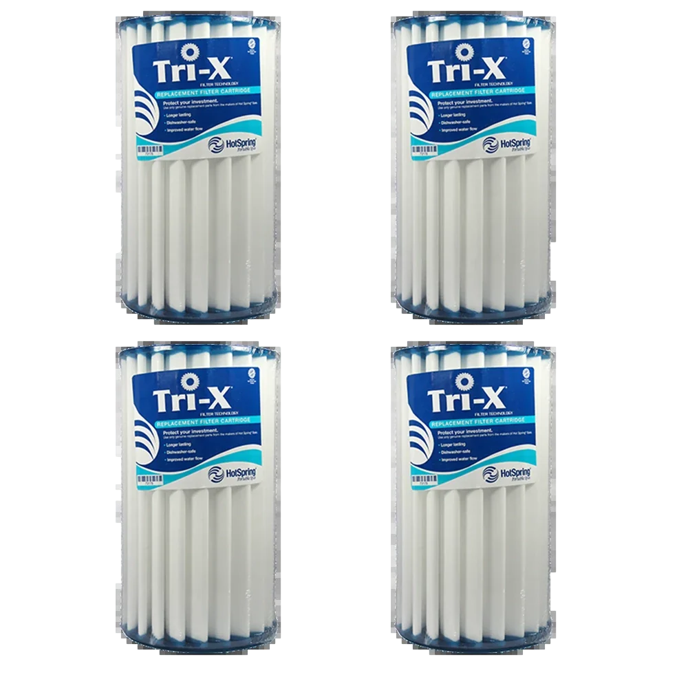 Hot Spring Watkins Sovereign Tri-X Filters Set of 4 by Hot Spring offers advanced three-dimensional filtration, featuring multiple white cylindrical filters in clear plastic packaging for superior spa performance.