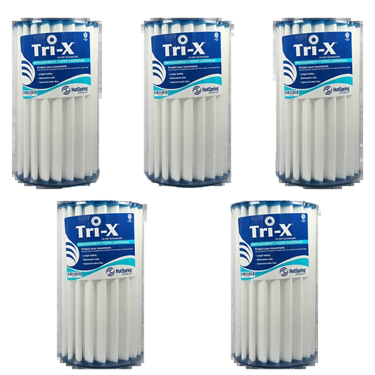Five Hot Spring Watkins Grandee Tri-X Filters (Set of 5) from Hot Spring, featuring advanced three-dimensional filtration, are arranged in a pattern on a white background.