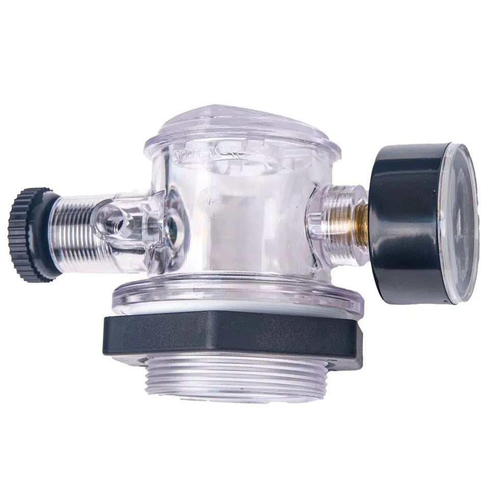 The Pentair Triton Manual Air Relief Assembly, compatible with the Triton II sand filter, has a transparent design with a black gauge and threaded connections at both ends for efficient water flow monitoring and filtering.