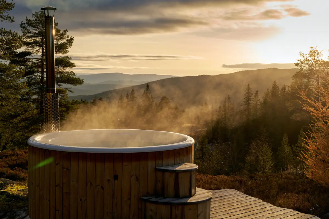 Hot Tub outdoors, overlooking forested mountain range