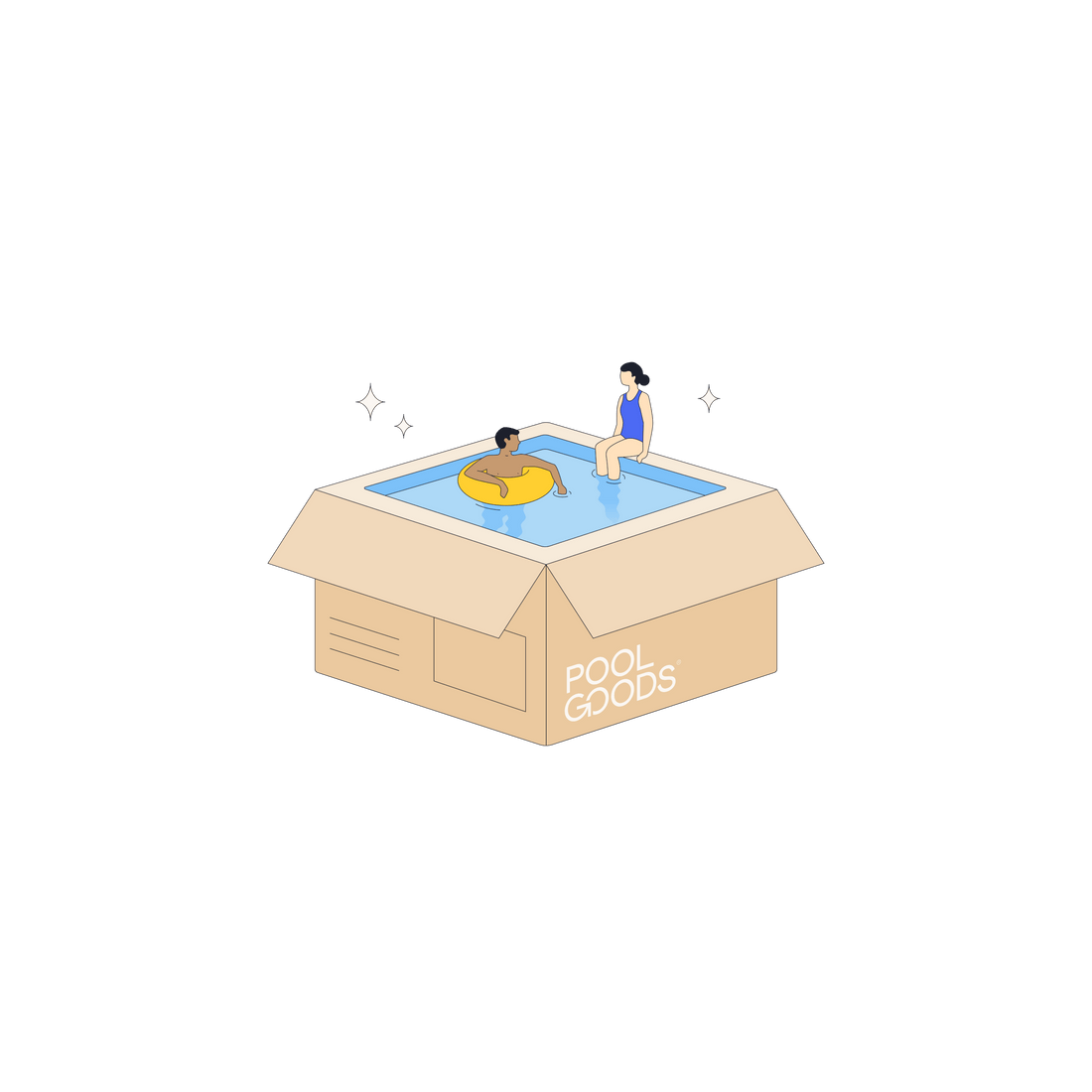 Two people swimming in a pool shaped as a cardboard box. Designed and trademarked by Pool Goods.