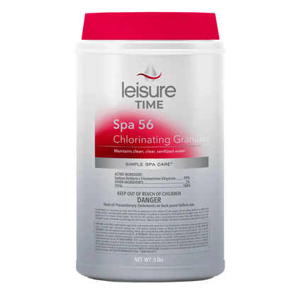 Leisure Time Spa 56 Chlorinating Granules come in a 5 lb bottle with a red cap. These concentrated granules ensure your spa water stays clean, clear, and sanitized.