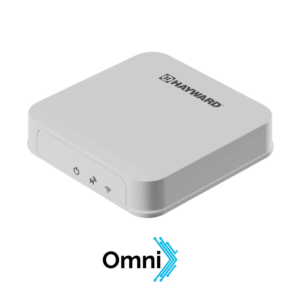 The HAYWARD OMNIX GATEWAY W3GATEWAYX1, shown with power and Wi-Fi indicators above the Omni logo on a plain background, ensures seamless remote access to your pool equipment.