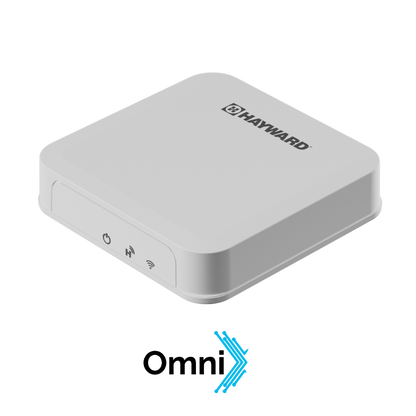 The HAYWARD OMNIX GATEWAY W3GATEWAYX1, shown with power and Wi-Fi indicators above the Omni logo on a plain background, ensures seamless remote access to your pool equipment.