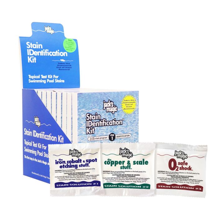 Introducing Jacks Magic Stain Identification Kit (PSTAINID) for swimming pools, which includes three solution packets: iron/cobalt spot etching remover, copper/scale remover, and safe shock. Ideal for effective stain removal with a discreet box display in the background.