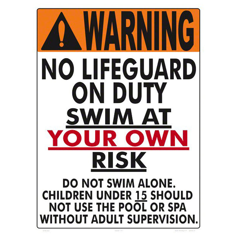SIGN WARNING NO LIFE GUARD ON  DUTY MD VERSION,PLASTIC 18X24