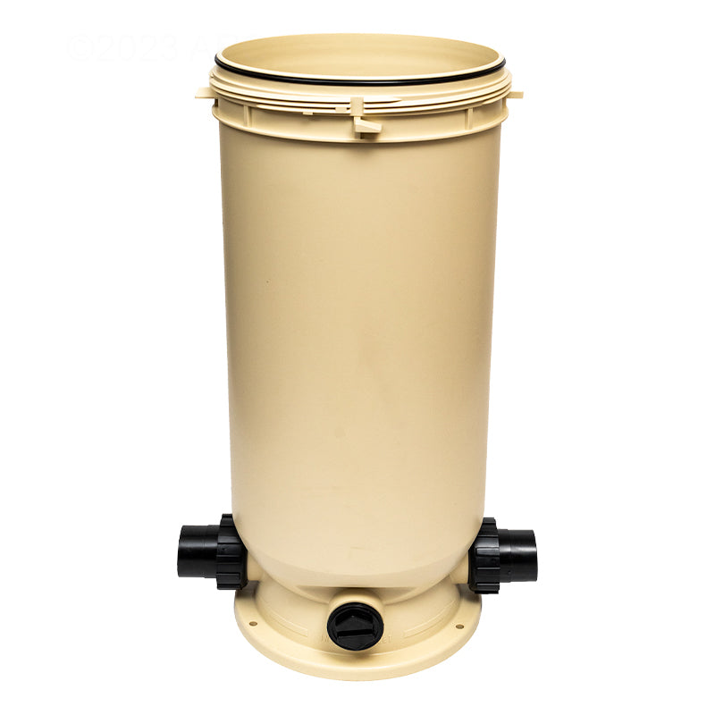 The Pentair Clean & Clear Filter Tank Bottom 150/200 sf (178560) is a beige cylindrical unit with two black inlet/outlet ports and a screw-top lid, perfect for upgrading your system with the reliability of Pentair filters.