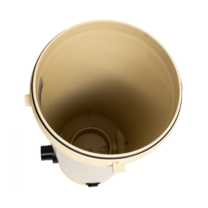 Top view of an empty beige cylindrical plastic container with a closed bottom and side outlet for fluid/air flow, ideal for those upgrading to a Pentair Clean & Clear Filter Tank Bottom 150/200 sf, from Pentair.