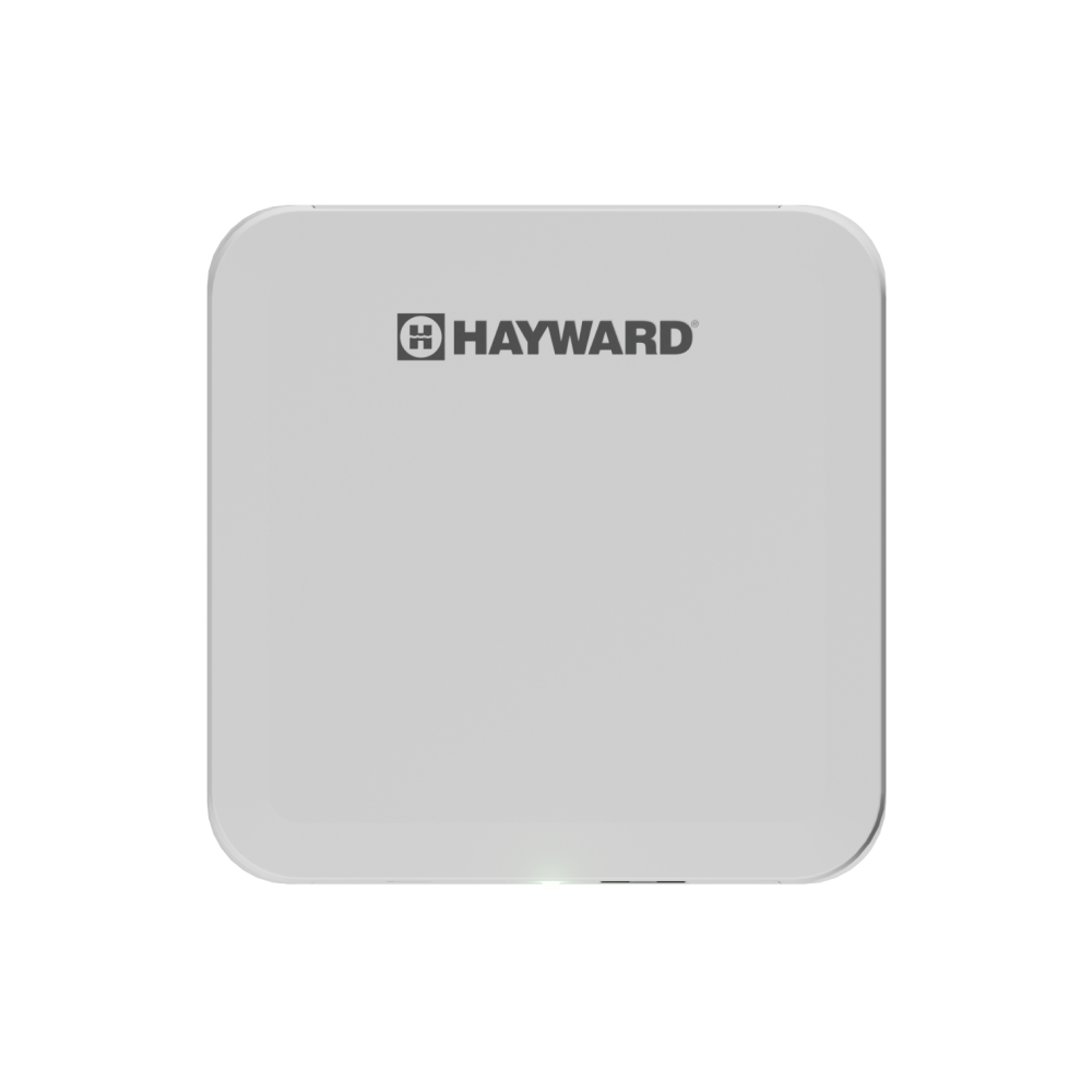 The Hayward OMNIX GATEWAY W3GATEWAYX1 is a square, white device with rounded corners and the HAYWARD logo in black on the front, designed for remote access to pool equipment.