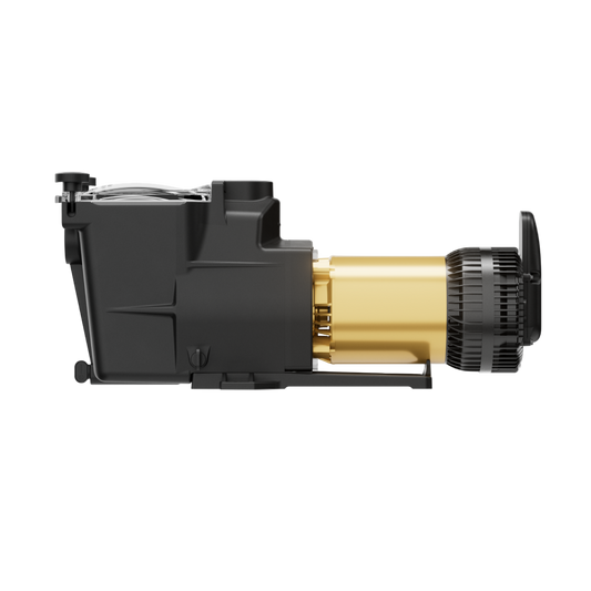 Side view of the Pool Goods Super Pump VS 620 with OmniX 2.25 HP (W3VSP26620) in black and gold, featuring a transparent lid and cylindrical motor—perfect for efficient pool automation.
