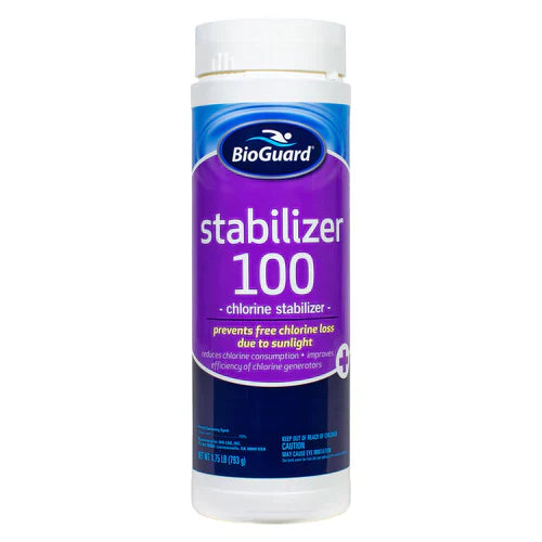 BioGuard Stabilizer 100 1.75lbs (23175BIO) adds cyanuric acid to help prevent chlorine loss from sunlight in pools.