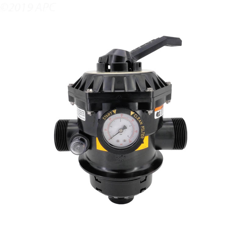 The Pentair Tagelus 1.5" 6-Way Clamp Style Valve Sand Filter (272526, 262506) features a black plastic build with top-mounted lever and multiple ports—an essential pool filtration system component. Shown on a white background.