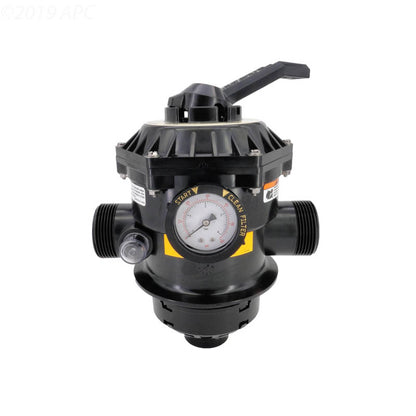 The Pentair Tagelus 1.5" 6-Way Clamp Style Valve Sand Filter (272526, 262506) features a black plastic build with top-mounted lever and multiple ports—an essential pool filtration system component. Shown on a white background.