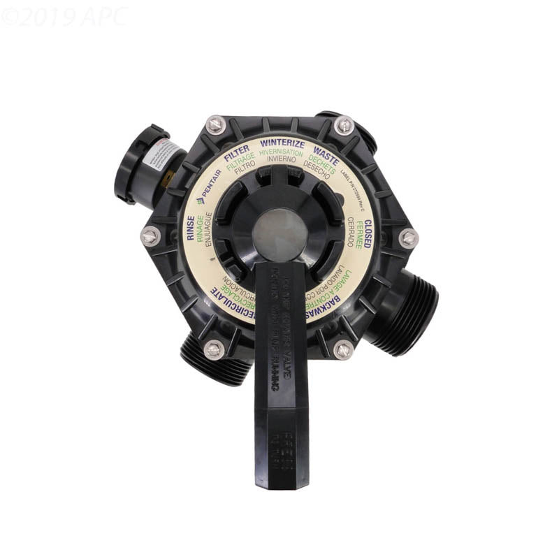 Top view of the Pentair Tagelus 1.5" 6-Way Clamp Style Valve Sand Filter (272526, 262506), a top mount pool valve with labeled settings: filter, waste, winterize, rinse, backwash, and closed. Brand: Pentair.