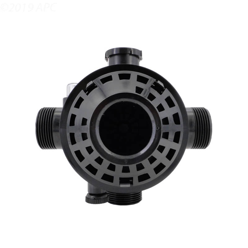 Front view of the Pentair Tagelus 1.5" 6-Way Clamp Style Valve Sand Filter (272526, 262506) showing its five threaded connections and circular cover, perfect for pool filtration systems.