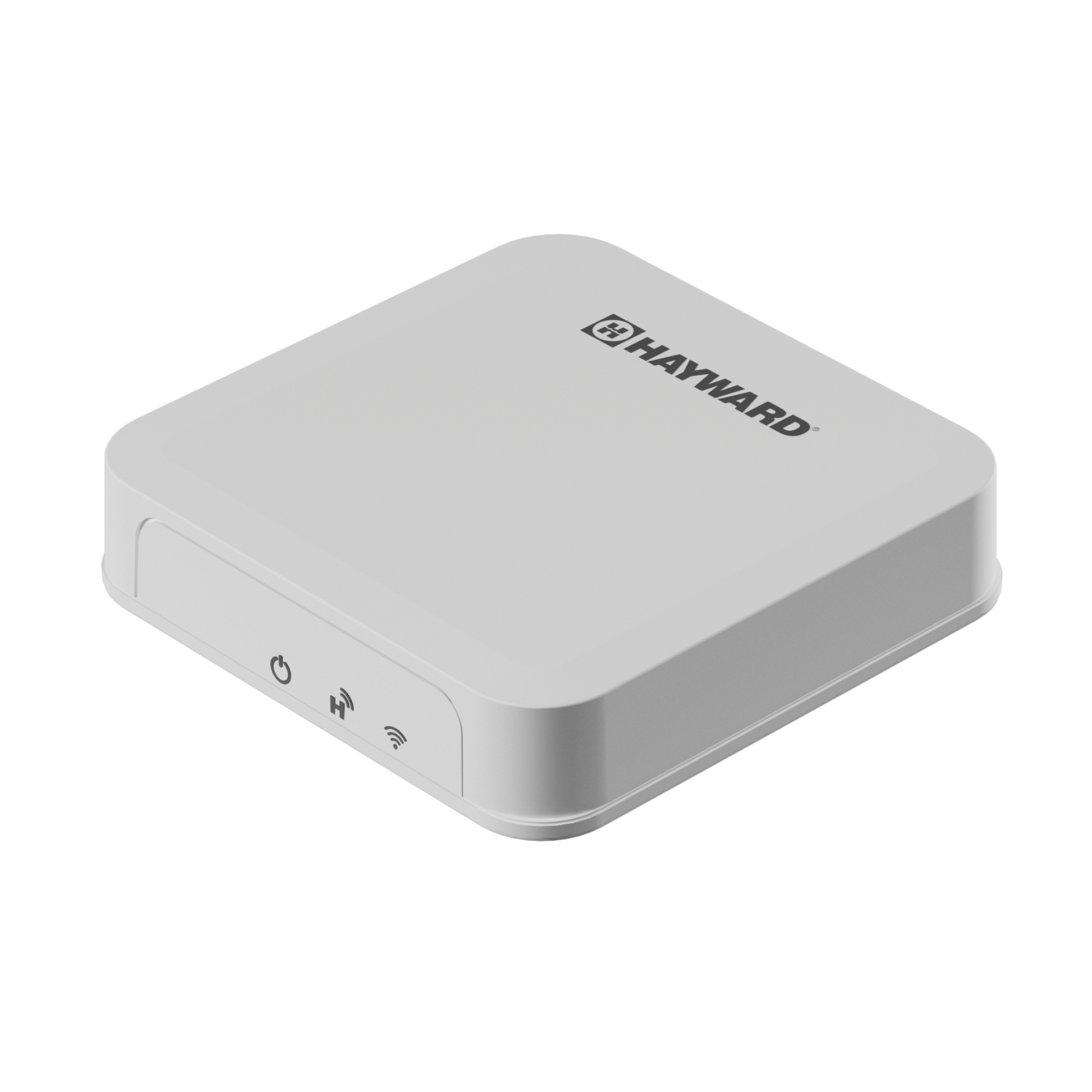 The HAYWARD OMNIX GATEWAY W3GATEWAYX1 is a white device with rounded edges, power and Wi-Fi indicators on the front, and the Hayward logo on top, enabling remote access to your pool equipment.