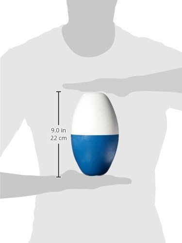 A person holds a Pentair Rainbow #590 Polyethylene Rope Float, 5" x 9" oval, blue/white (R181086); a measurement line shows its 9-inch (22 cm) height.