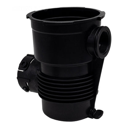 Black plastic Pentair OptiFlo A/G Pot (357228Z) with threaded side opening and ribbed section, similar to a replacement strainer pot for aboveground pool pumps, possibly used for air or fluid flow in vehicle systems. Brand: Pentair.