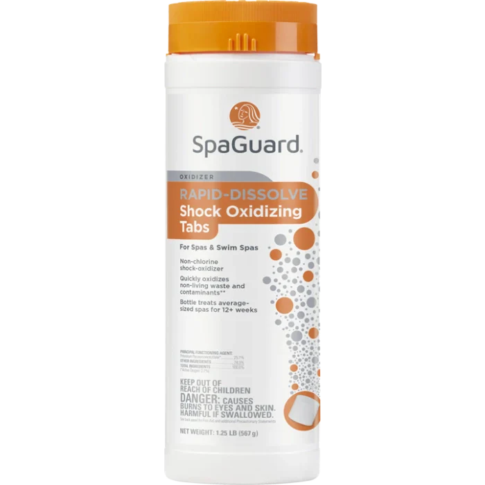 A container of BioGuard Rapid-Dissolve Enhanced Shock Tabs - NEW | 42664BIO for spas and swim spas, with an orange cap and white label showing product details and safety warnings.