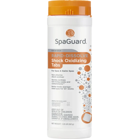A container of BioGuard Rapid-Dissolve Enhanced Shock Tabs - NEW | 42664BIO for spas and swim spas, with an orange cap and white label showing product details and safety warnings.