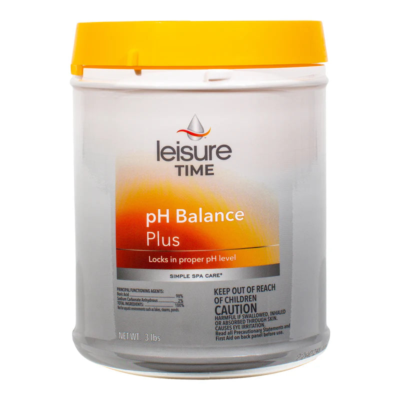 The Leisure Time Spa pH Balancer, 3 lb bottle (LT28) with a yellow cap helps maintain proper spa water pH levels. Keep out of reach of children.