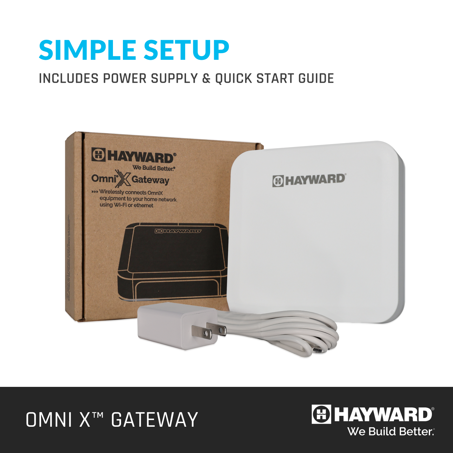 The HAYWARD OMNIX GATEWAY W3GATEWAYX1 includes a power supply, quick start guide, and product box. It features simple setup for controlling pool equipment and enables remote pool monitoring.