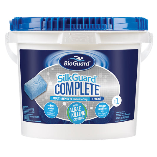 BioGuard SilkGuard Complete Multi-Benefit Chlorinating Sticks in a white plastic bucket with a blue lid, featuring a blue and white label.
