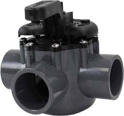 The Pentair 1-1/2" 3-Way Compool PVC Valve (263037) is a gray valve with a black handle and three pipe openings. Made from chemical-resistant materials, it offers maintenance-free reliability.