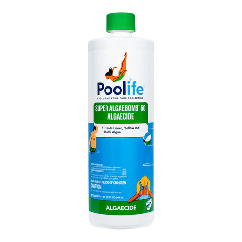 Bottle of Poolife Super Algaebomb 60 | 61110 Algaecide, featuring a swimmer-themed blue and green label.