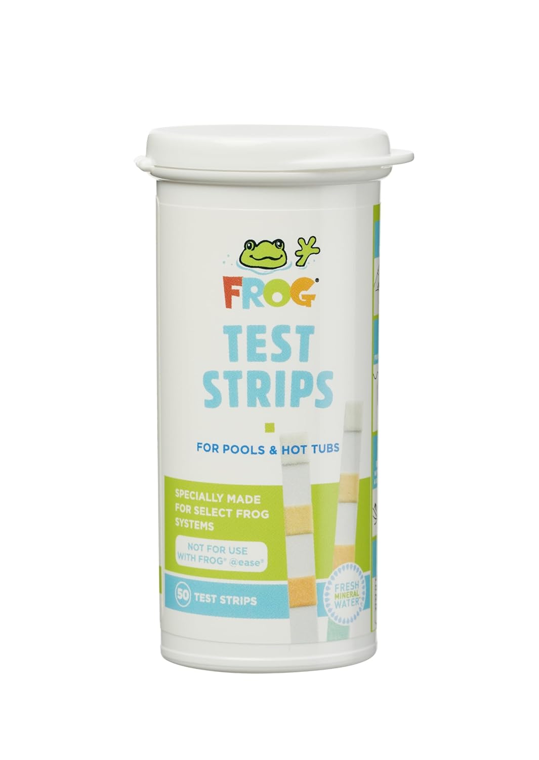 The King Tech Frog Test Strips (50 strips, 01-14-3318) by Frog are ideal for maintaining pools and spas. Featuring a cartoon frog logo, these strips are tailored for select Frog sanitizing systems.