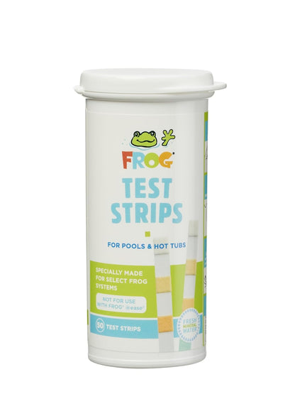 The King Tech Frog Test Strips (50 strips, 01-14-3318) by Frog are ideal for maintaining pools and spas. Featuring a cartoon frog logo, these strips are tailored for select Frog sanitizing systems.