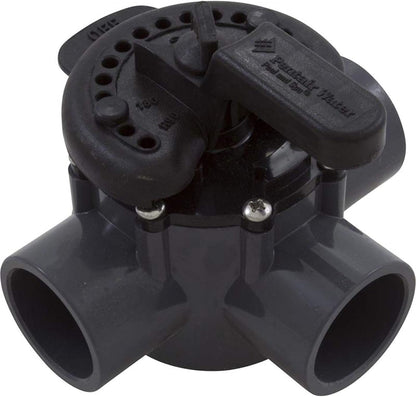 The Pentair 1-1/2" 3-Way Compool PVC Valve | 263037 is crafted from chemical-resistant materials and features labeled positions for open, close, and other settings with a handle. Designed for maintenance-free reliability.