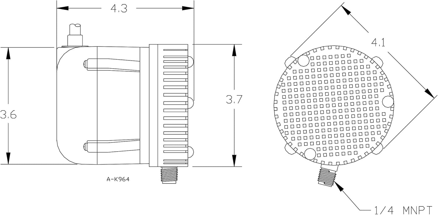 Technical diagram of the Pool Goods Little Giant Small Submersible Permanently Oiled Pump (1-AA-18 | 500500), featuring a cylindrical design with dimensions of 4.3, 3.6, 3.7, and 4.1 inches, a grid pattern on top, and a 1/4 MNPT fitting at the bottom.