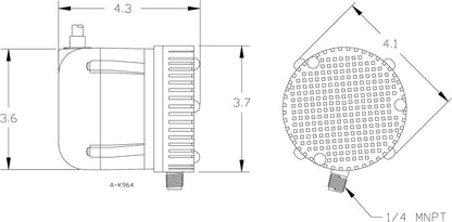 Technical diagram of the Pool Goods Little Giant Small Submersible Permanently Oiled Pump (1-AA-18 | 500500), featuring a cylindrical design with dimensions of 4.3, 3.6, 3.7, and 4.1 inches, a grid pattern on top, and a 1/4 MNPT fitting at the bottom.