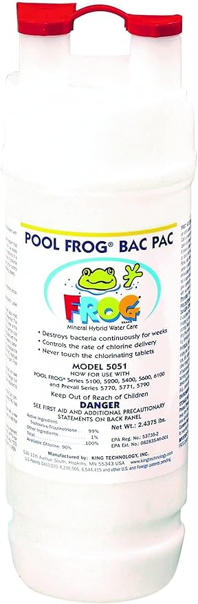 The King Tech Pool Frog Chlorine Bac Pac (01-03-5880) container is white, showcasing clear label instructions, the iconic Frog logo, and details on its function in mineral hybrid water care and chlorine-based bacteria control.