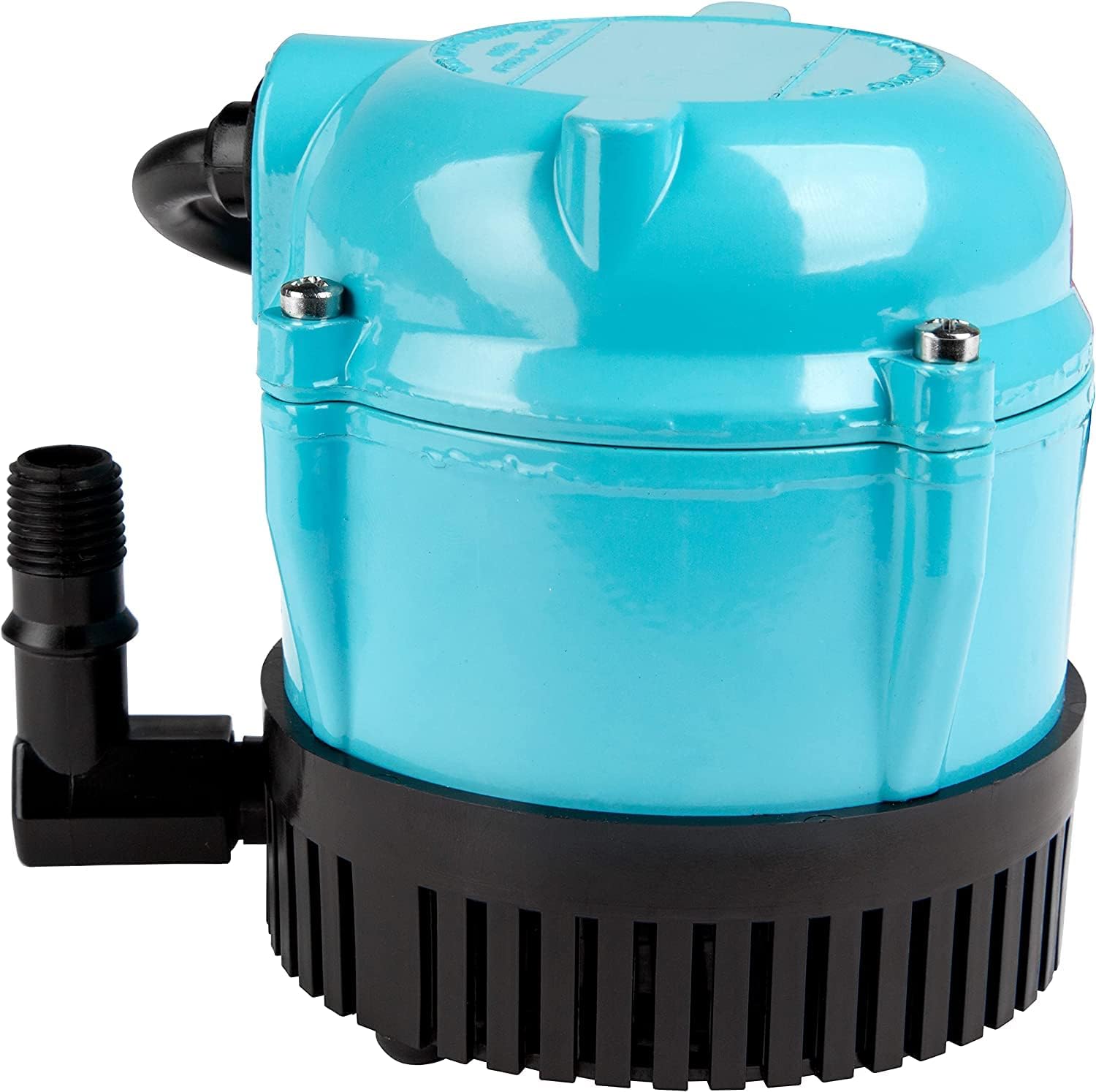The Little Giant Small Submersible Permanently Oiled Pump by Pool Goods (Model 1-AA-18, 500500) is blue and black with a pipe attachment, featuring a cylindrical base and a flat top.