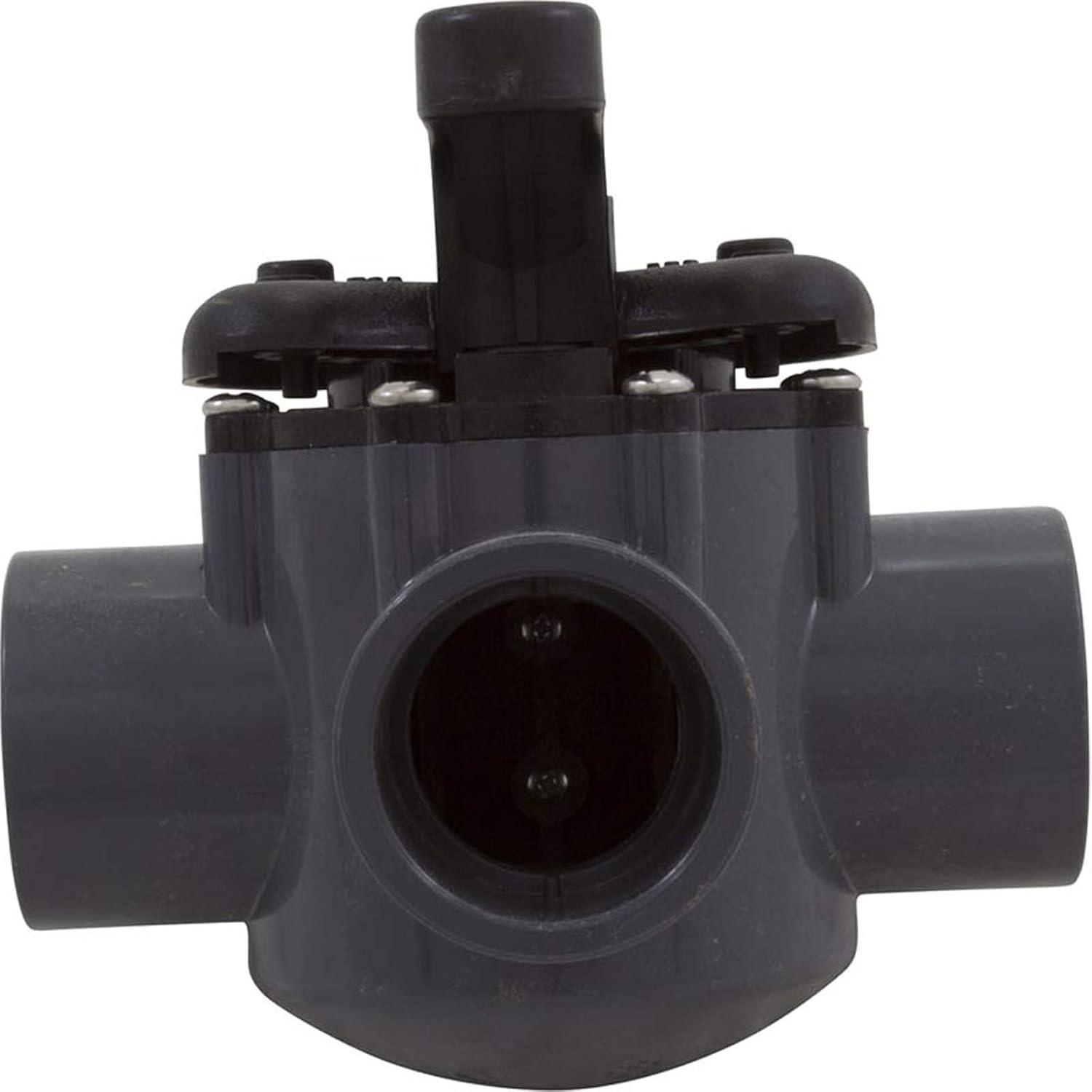 The Pentair 1-1/2" 3-Way Compool PVC Valve, model 263037, features a gray plastic body with chemical-resistant materials and a black handle. Its design includes two side openings and one front opening, ensuring maintenance-free reliability for diverse applications.