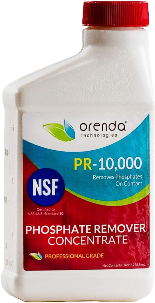 A bottle labeled "Orenda Pr-10000 Phosphate Remover 8 Oz | ORE-50-145" from Pool Goods, featuring blue, red, and white branding—ideal for efficient phosphate removal in pool water.