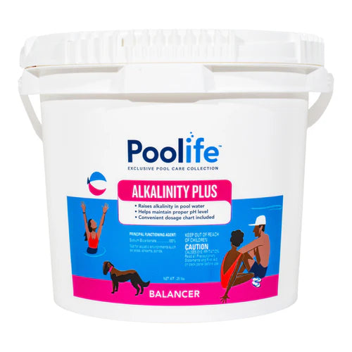 The white 25lb Poolife Alkalinity Plus (62031) container features colorful illustrations, text, and is ideal for maintaining your swimming pool's alkalinity balance.