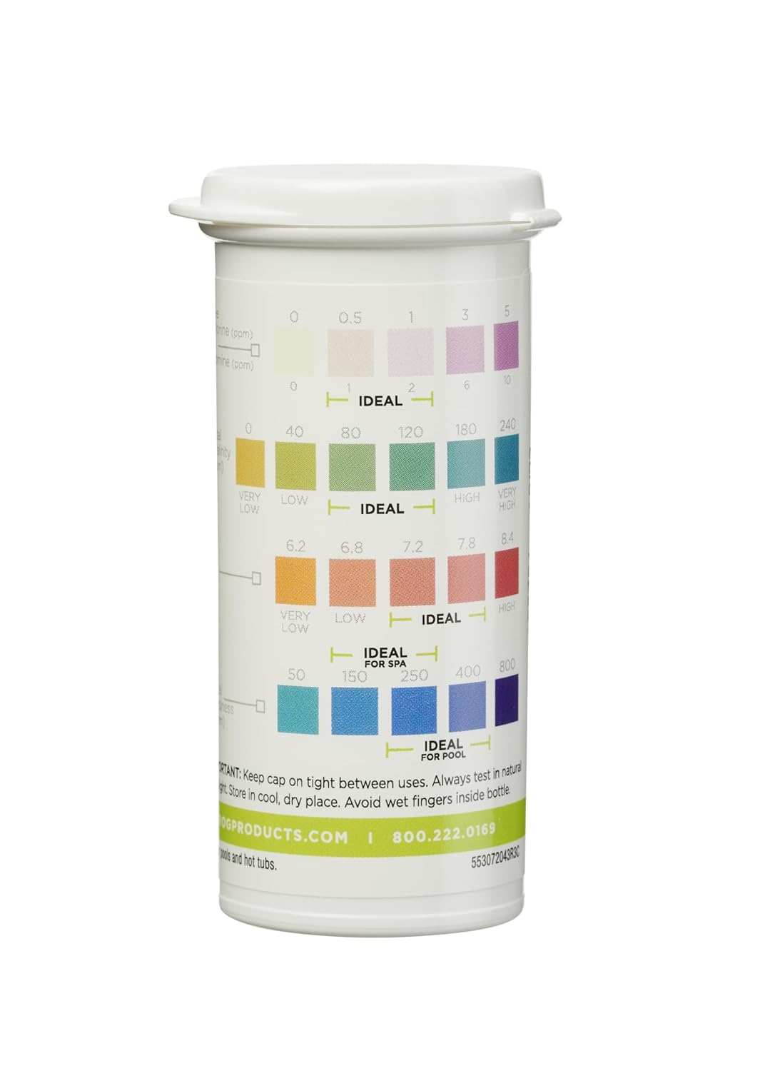 The King Tech Frog Test Strips container, offering 50 strips (01-14-3318), features a multicolored chart with labels from "very low" to "ideal." Ideal for pool and spa testing, it includes contact details like a helpline number and website at the bottom.