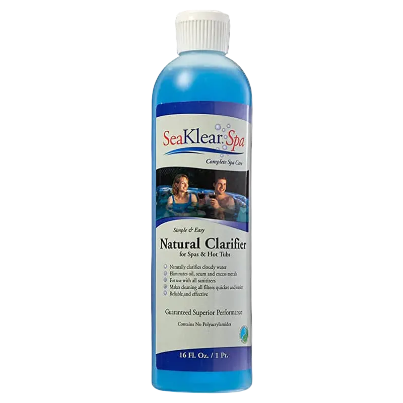 Bottle of SeaKlear Spa Natural Clarifier on a white background