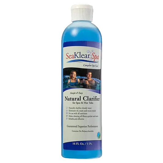 Bottle of SeaKlear Spa Natural Clarifier on a white background