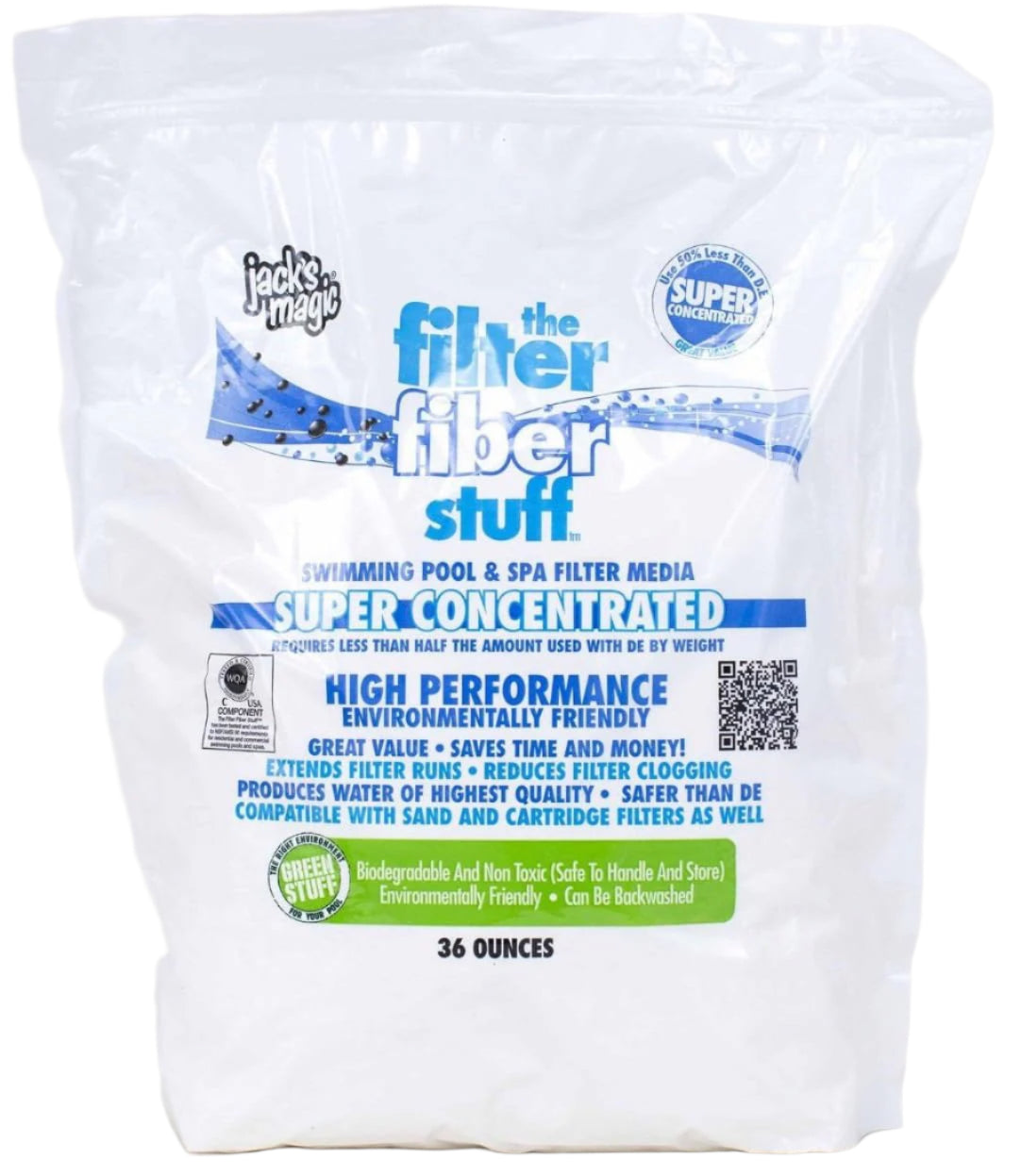 Jacks Magic Filter Fiber Stuff, 36 oz Bag (JMFIBER36), is a biodegradable swimming pool and spa filter media. This super-concentrated product is ideal for DE filters and eco-friendly users.