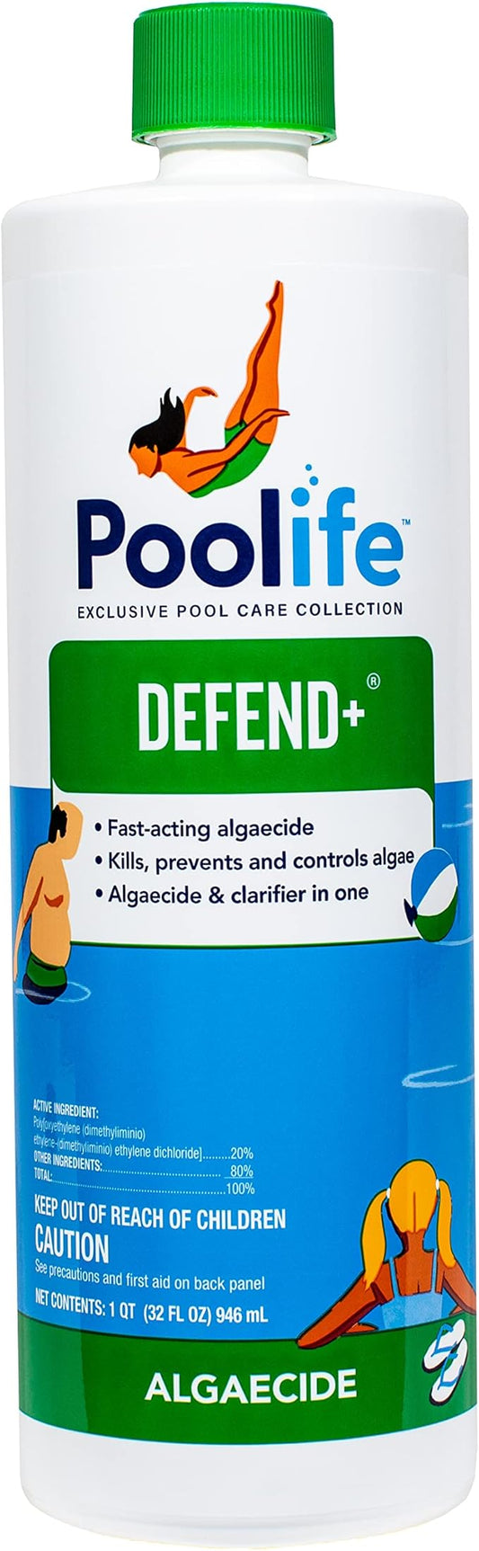 Poolife Defend + 62076 bottle, blue and white, 1 quart (946 mL). Fast-acting algaecide that controls algae and doubles as a clarifier. Caution advised.