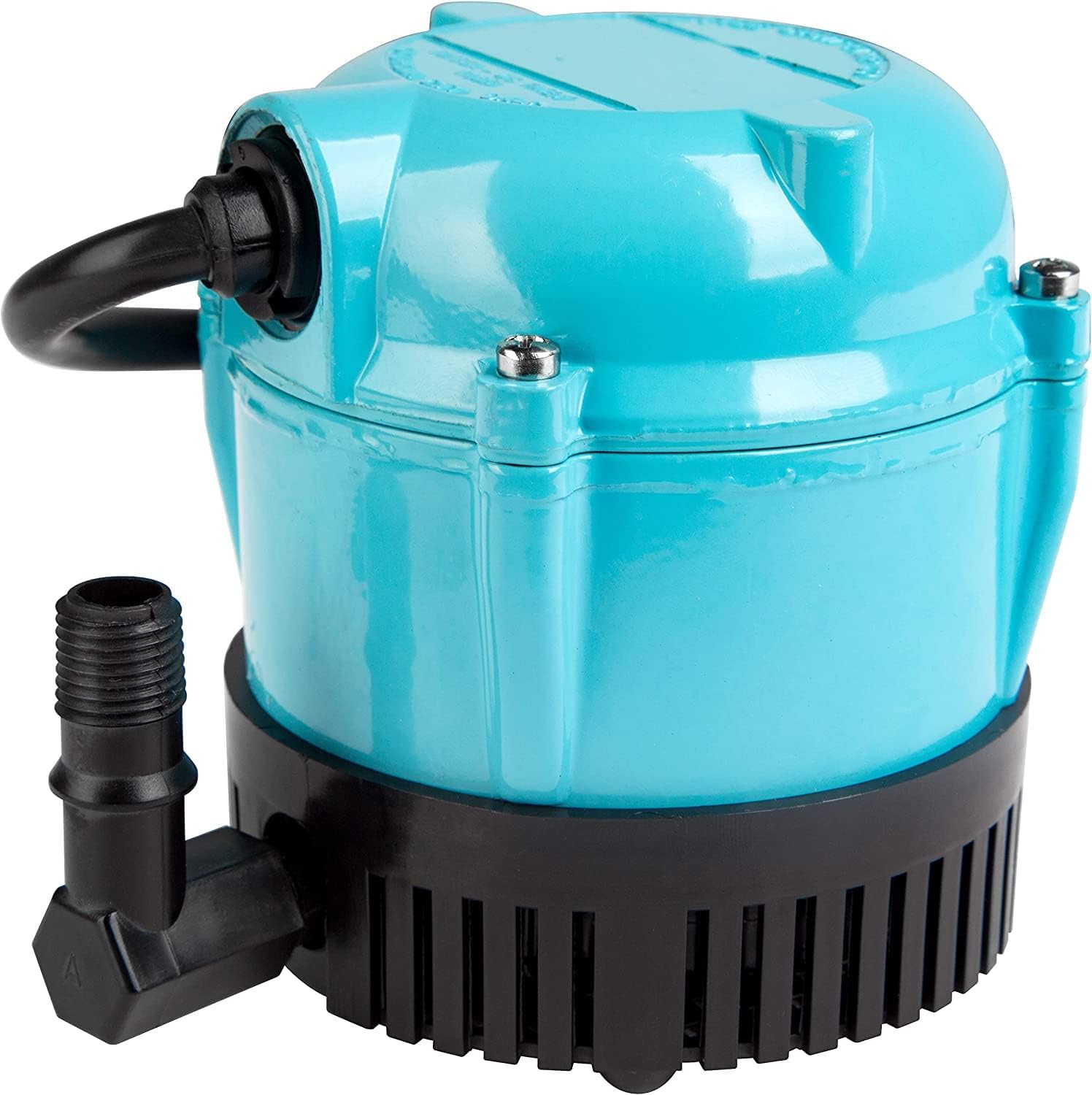 A blue and black Little Giant Small Submersible Permanently Oiled Pump by Pool Goods, featuring a corrugated base and side outlet.
