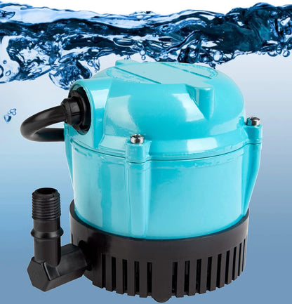 Little Giant Small Submersible Permanently Oiled Pump (1-AA-18) by Pool Goods featuring black fittings, set against splashing water.
