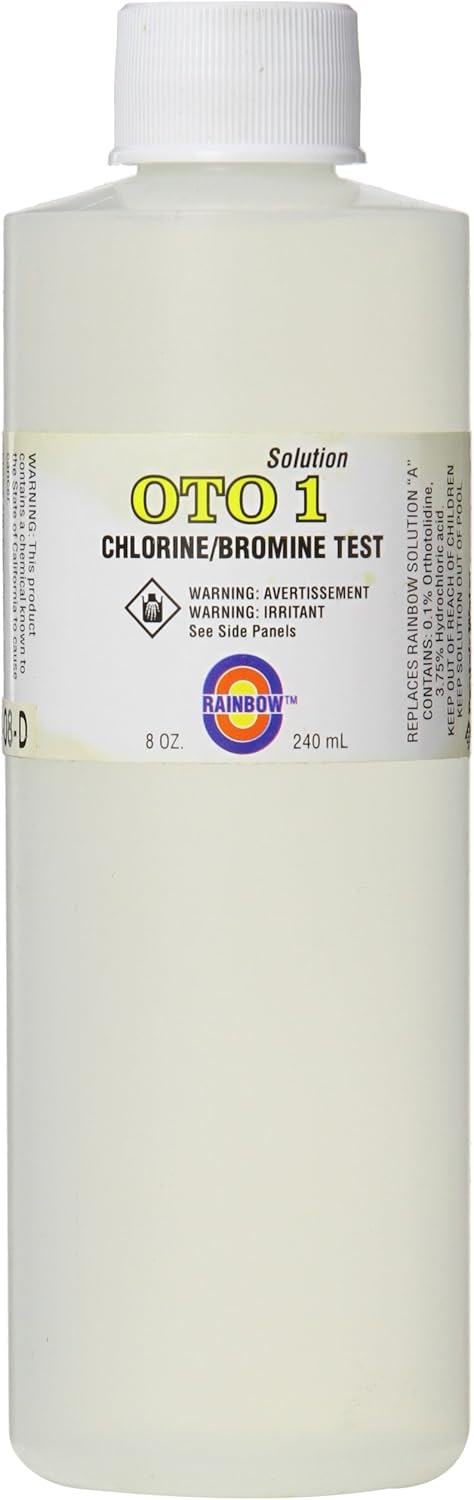 The clear 8 oz (240 mL) bottle of Pentair's Rainbow #1 Solution OTO (R161046) is ideal for pool maintenance. It features caution warnings for safe use and supports accurate water testing when used with DPD Tablets.